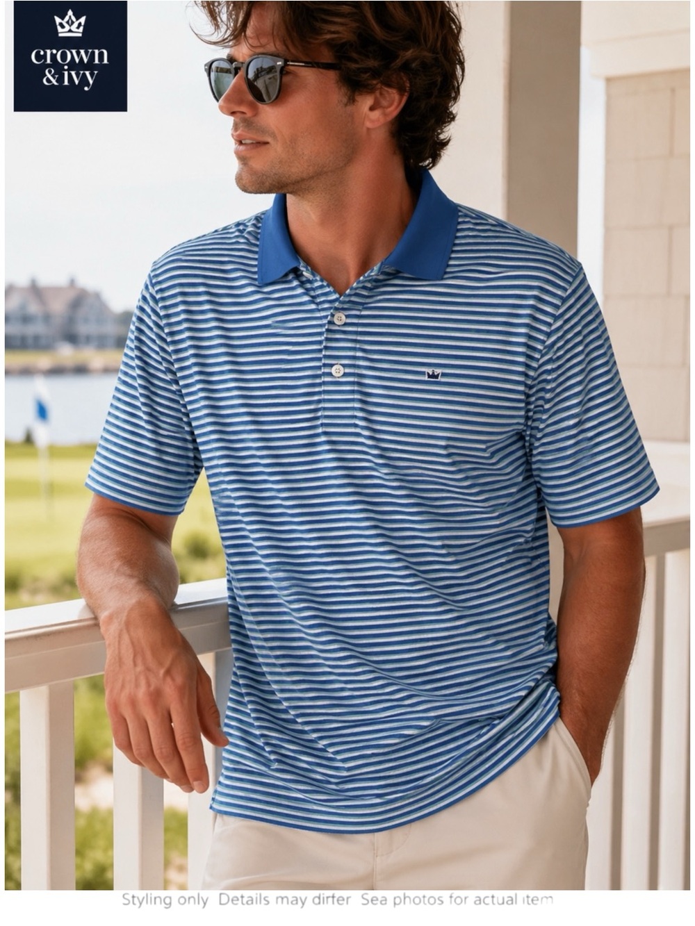 Coastal Prep Striped Polo Blue White Golf Dadcore Stretch M